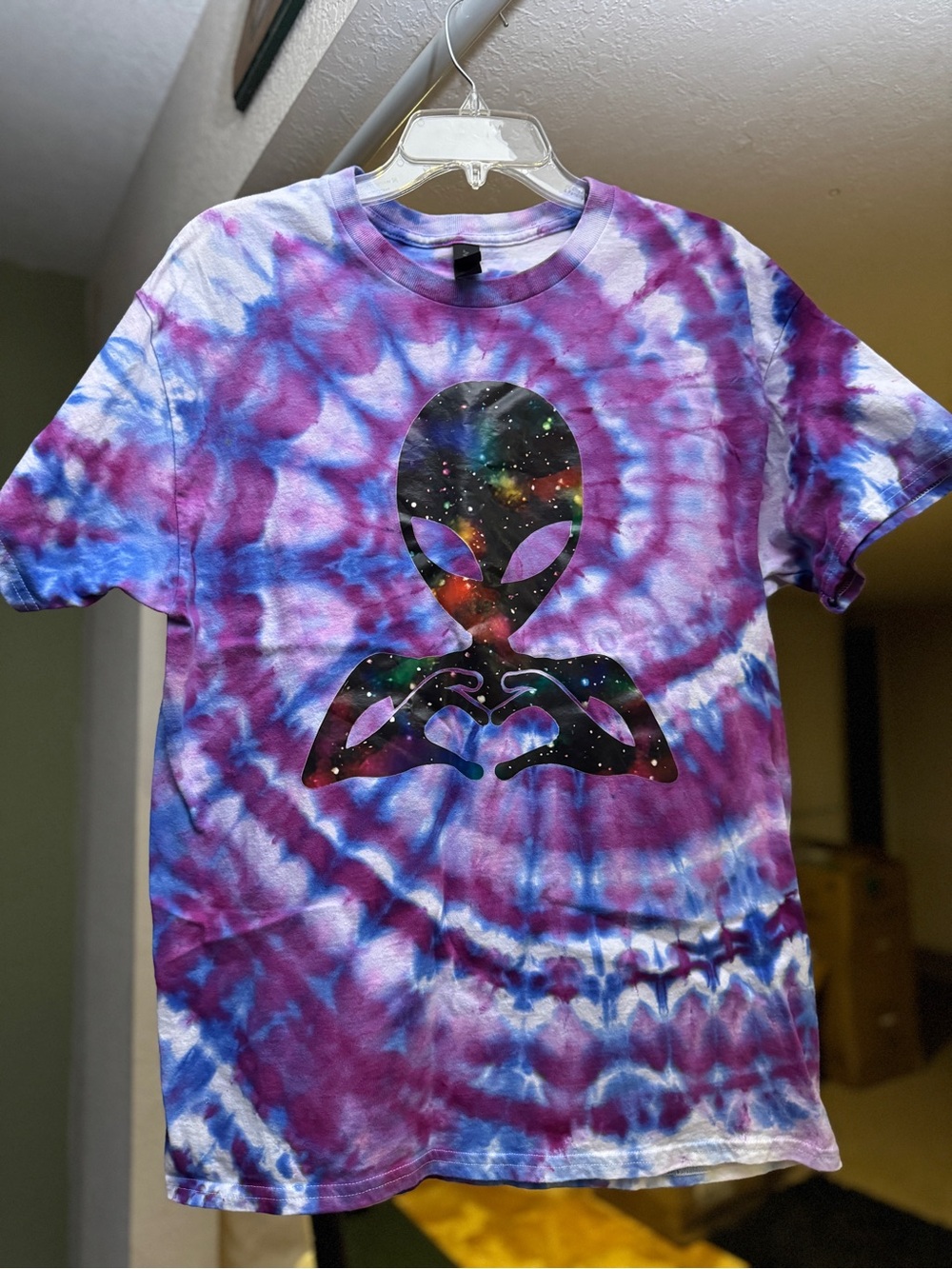 Tie-Dye Alien Heart Graphic Tee - Purple & Blue, adult, L, unique